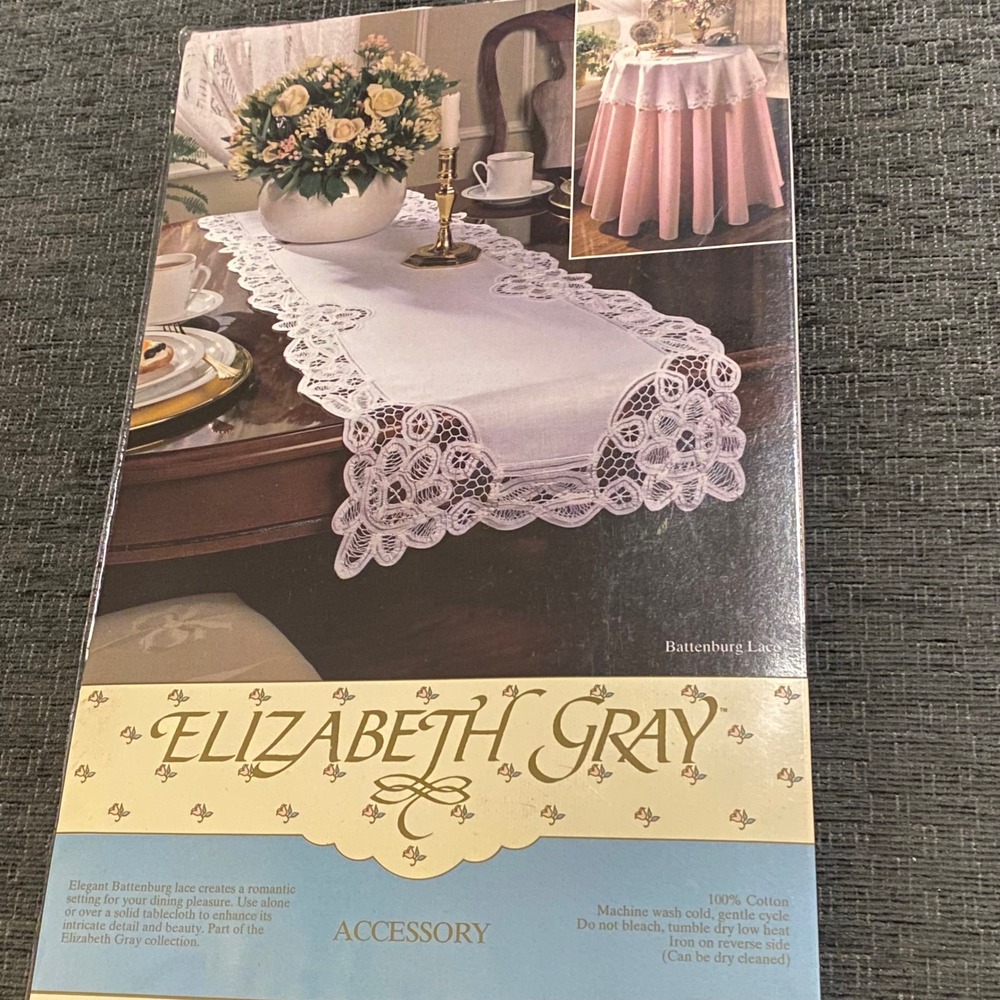 Elizabeth Gray Table Runner 16x54 White New Battenburg Lace Cotton NOS